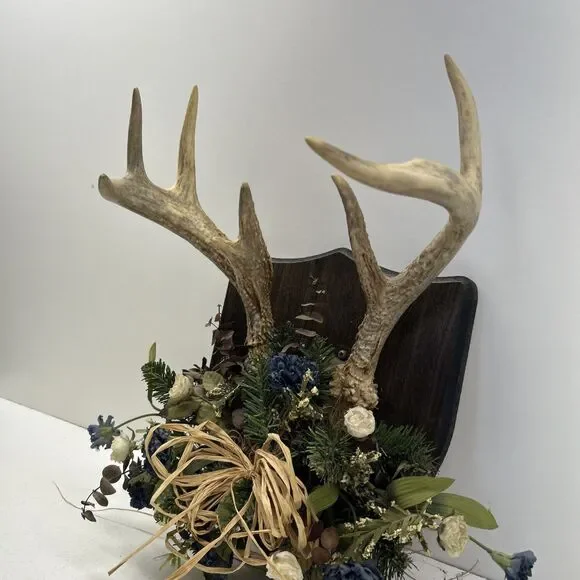 Vintage Floral Deer Antlers Trophy Mount Plaque 8 Point Cabin Decor Rustic